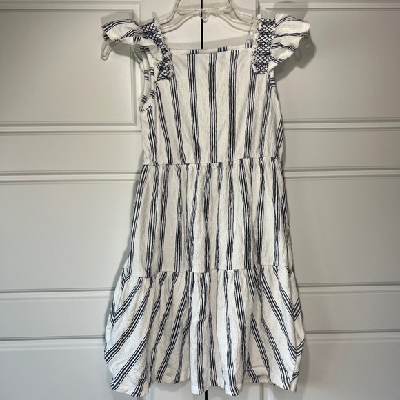 Lands' End Girls‎ Striped Dress Tiered Ruffle Sleeves White Blue Size L 10-12 - Picture 2 of 6
